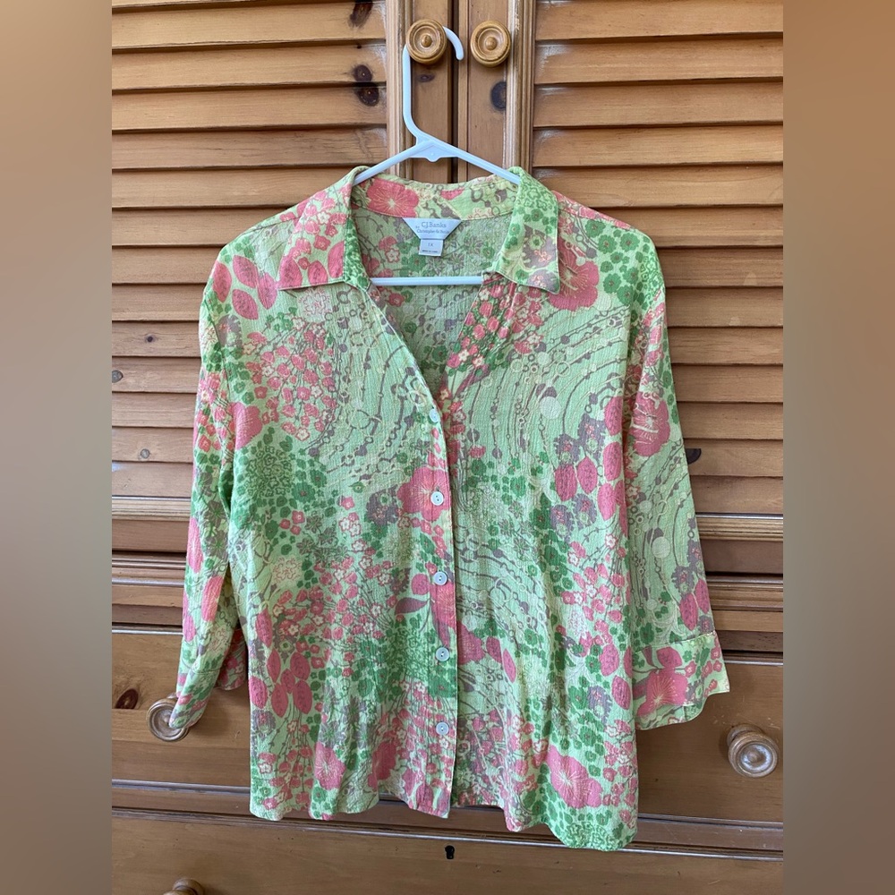 Peachy pink and greens on cotton, button front, collared  blouse, 1x